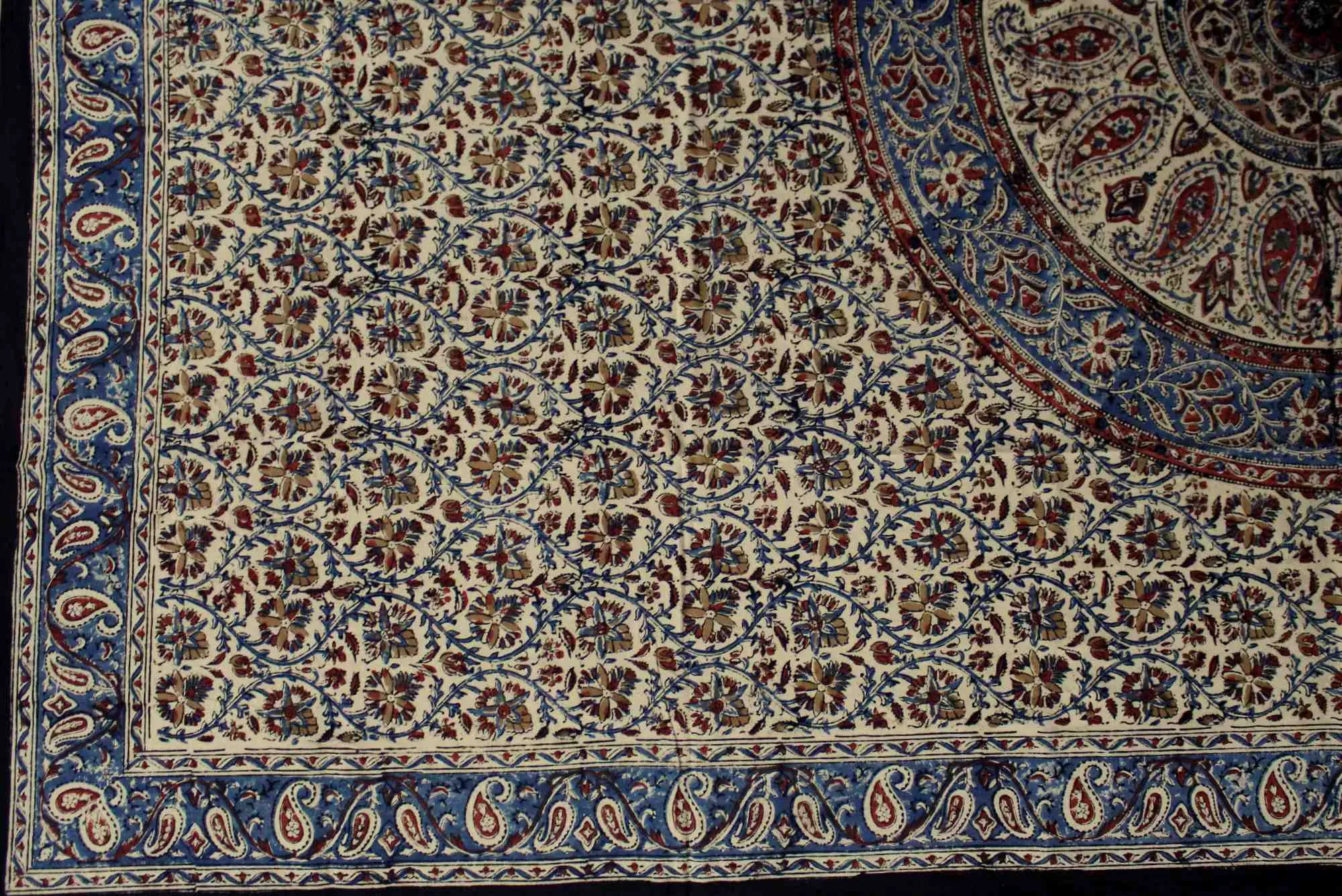 Vintage Paisley Block Print Cotton Floral Tablecloth Collection, Aqua Dusk