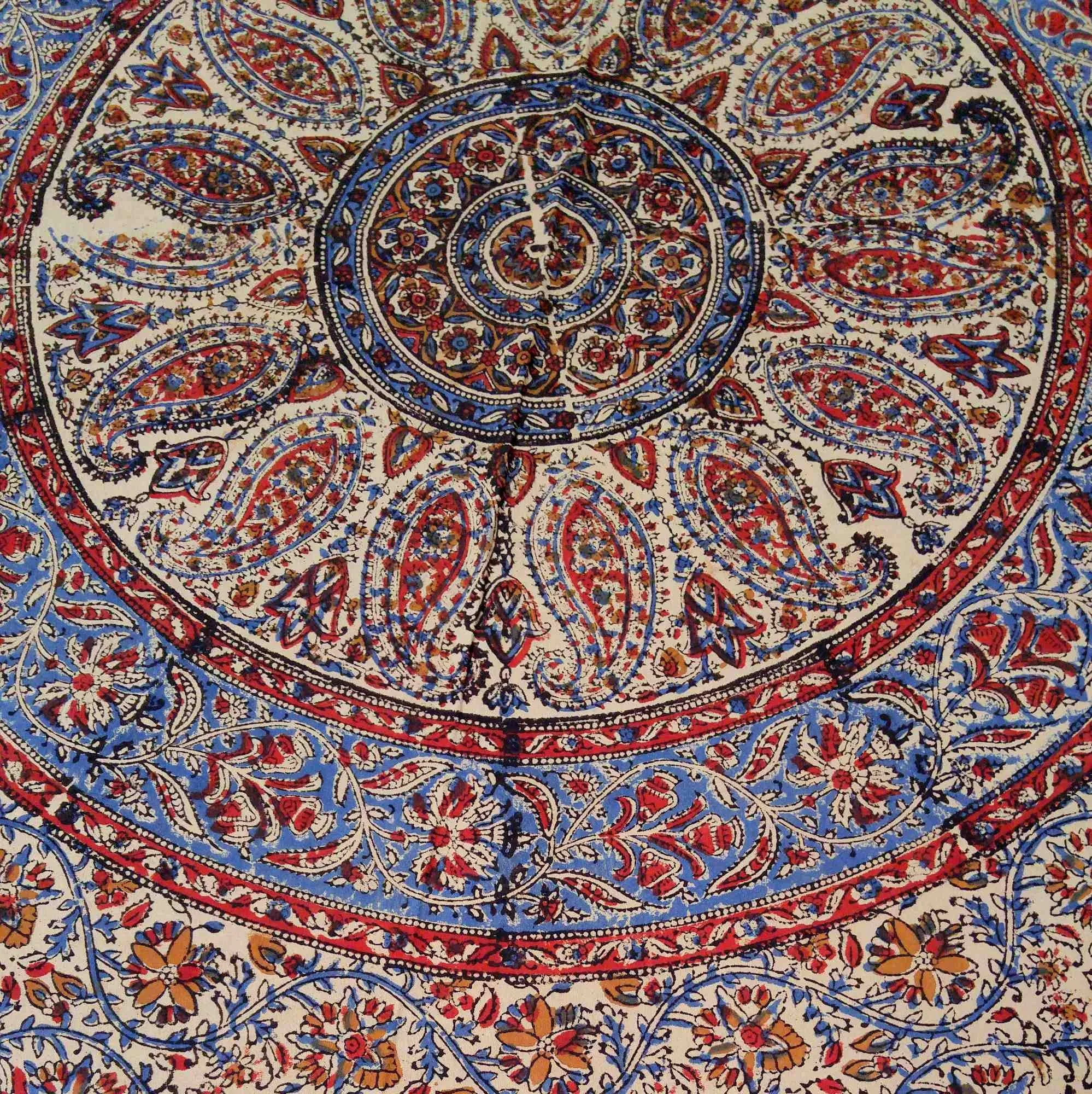 Vintage Paisley Block Print Cotton Floral Tablecloth Collection, Aqua Dusk