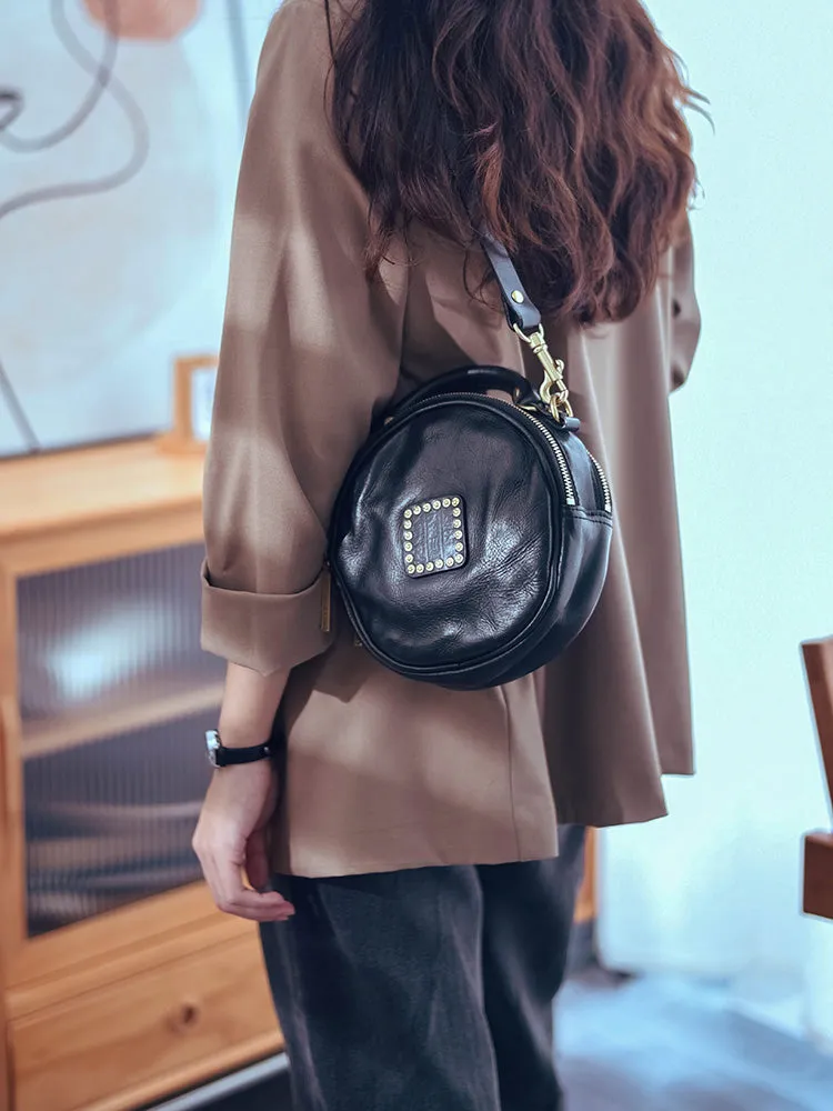 Western Studded Round Leather Handbag Black Round Purse
